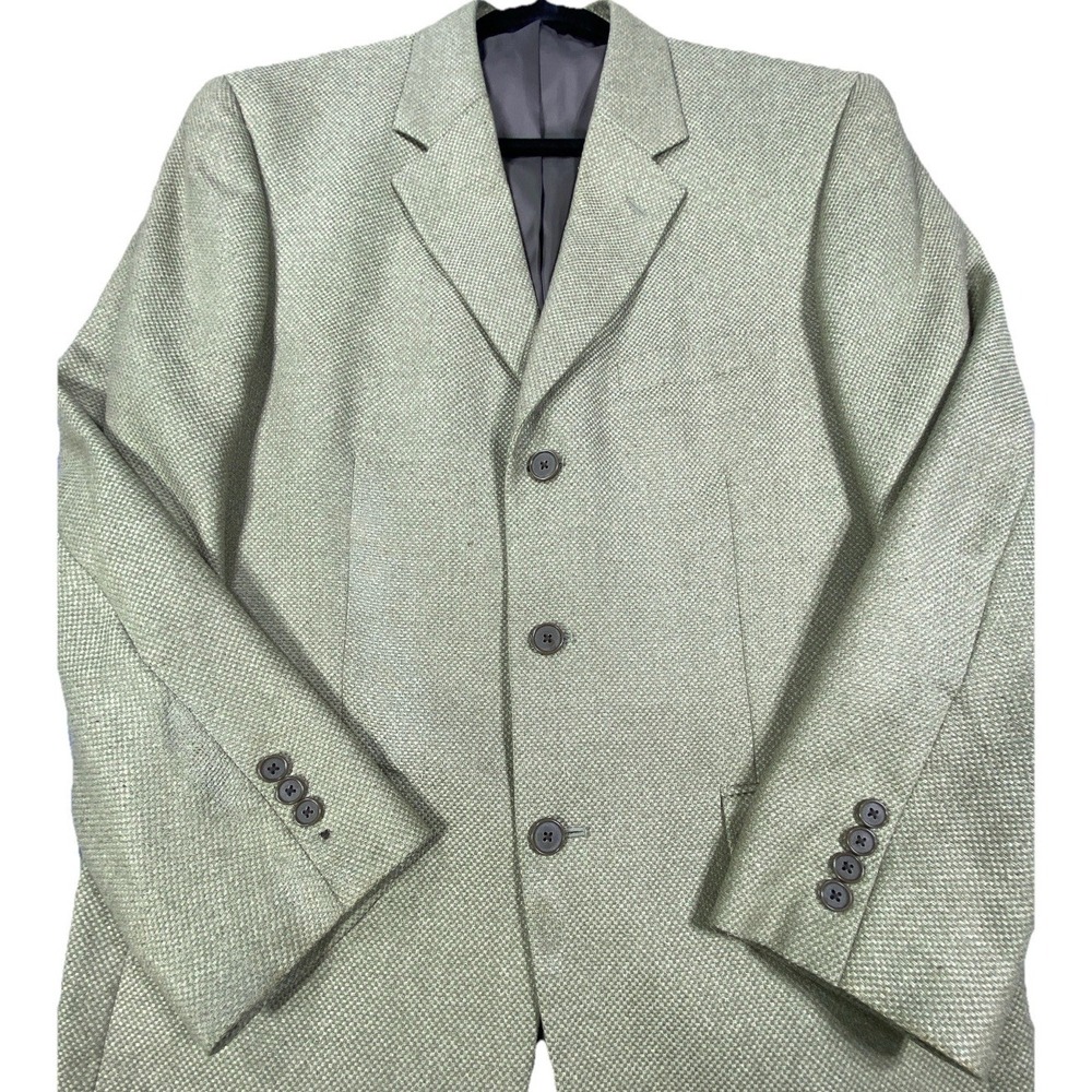 Vintage Silk Wool Blazer Sport Coat 40 Regular Green‎ Textured Italy Woven Twill